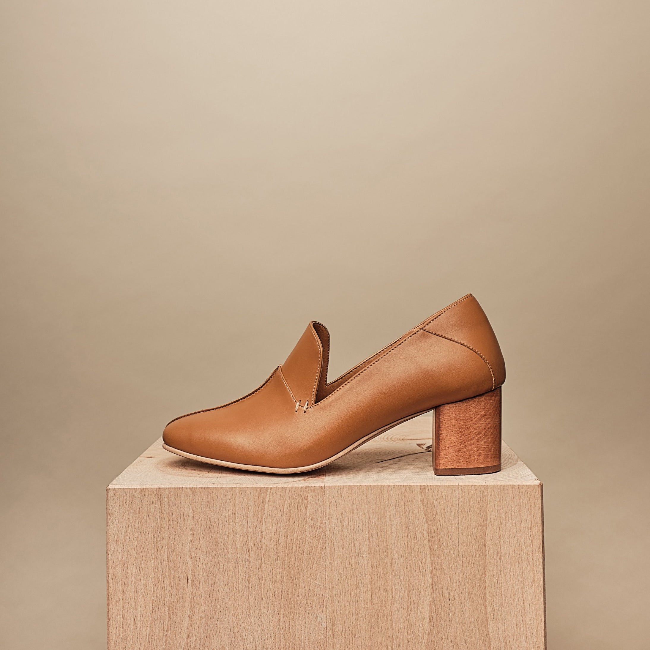 BHAVA PHOEBE VEGAN COMFORT LOAFER ARTISAN WOOD HEEL NATURAL