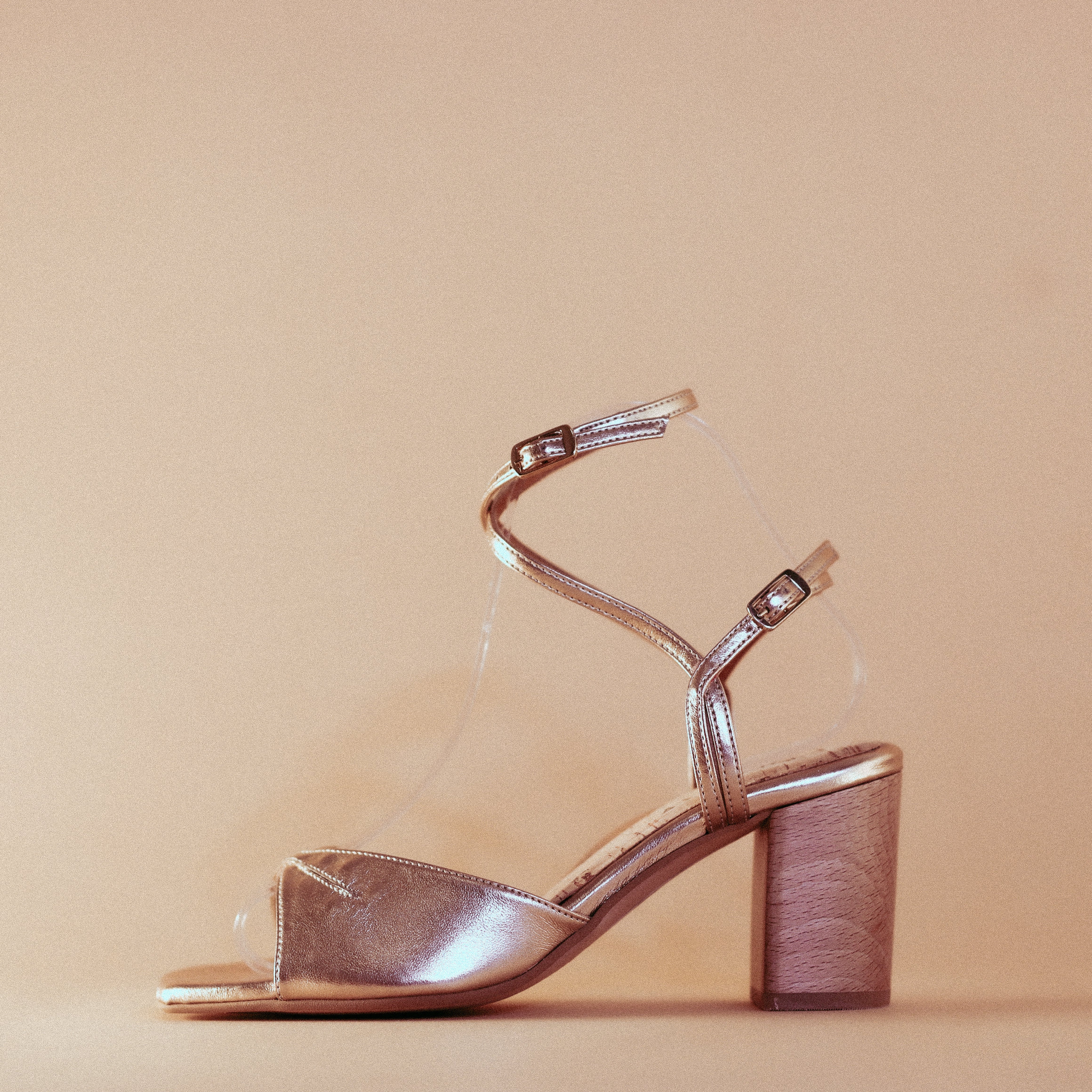 Bhava Amber vegan taupe gold strappy block heel sandal