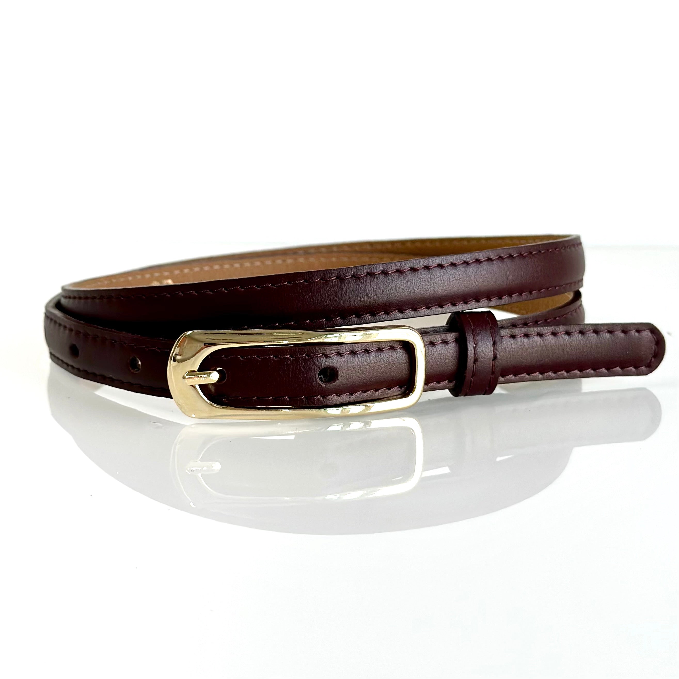 BHAVA VEGAN SKINNY BELT IN BURGUNDY HIGH WAIST FALL ARTISAN MADE IN SPAIN SUSTAINABLE APPLE LEATHER GOLD BUCKLE