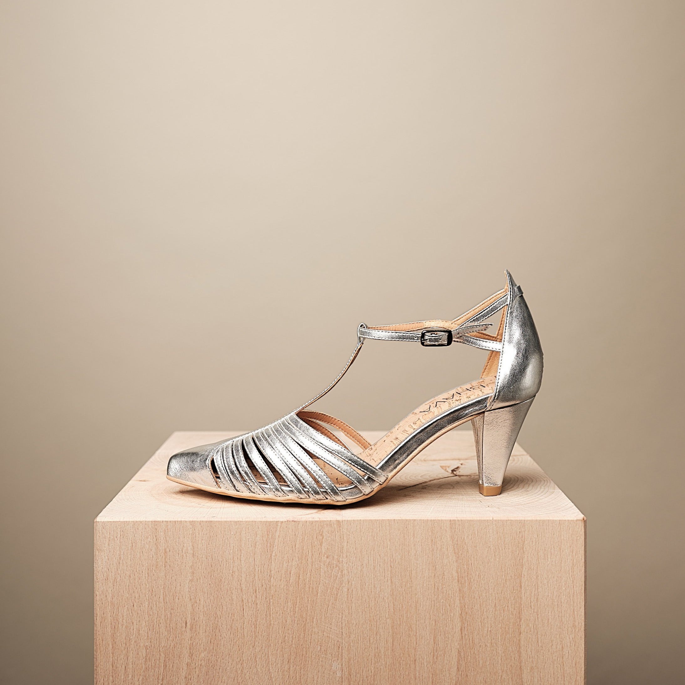 BHAVA SONIA VEGAN COMFORT WEDDING T-STRAP HEEL SILVER