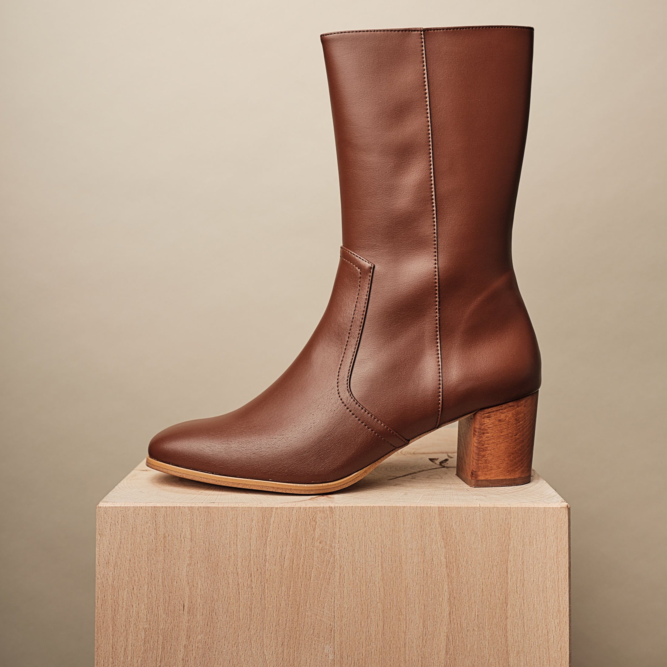 BHAVA LAUREN VEGAN CLASSIC BOOT BEST FALL BROWN MIDI COWBOY BOOTIE