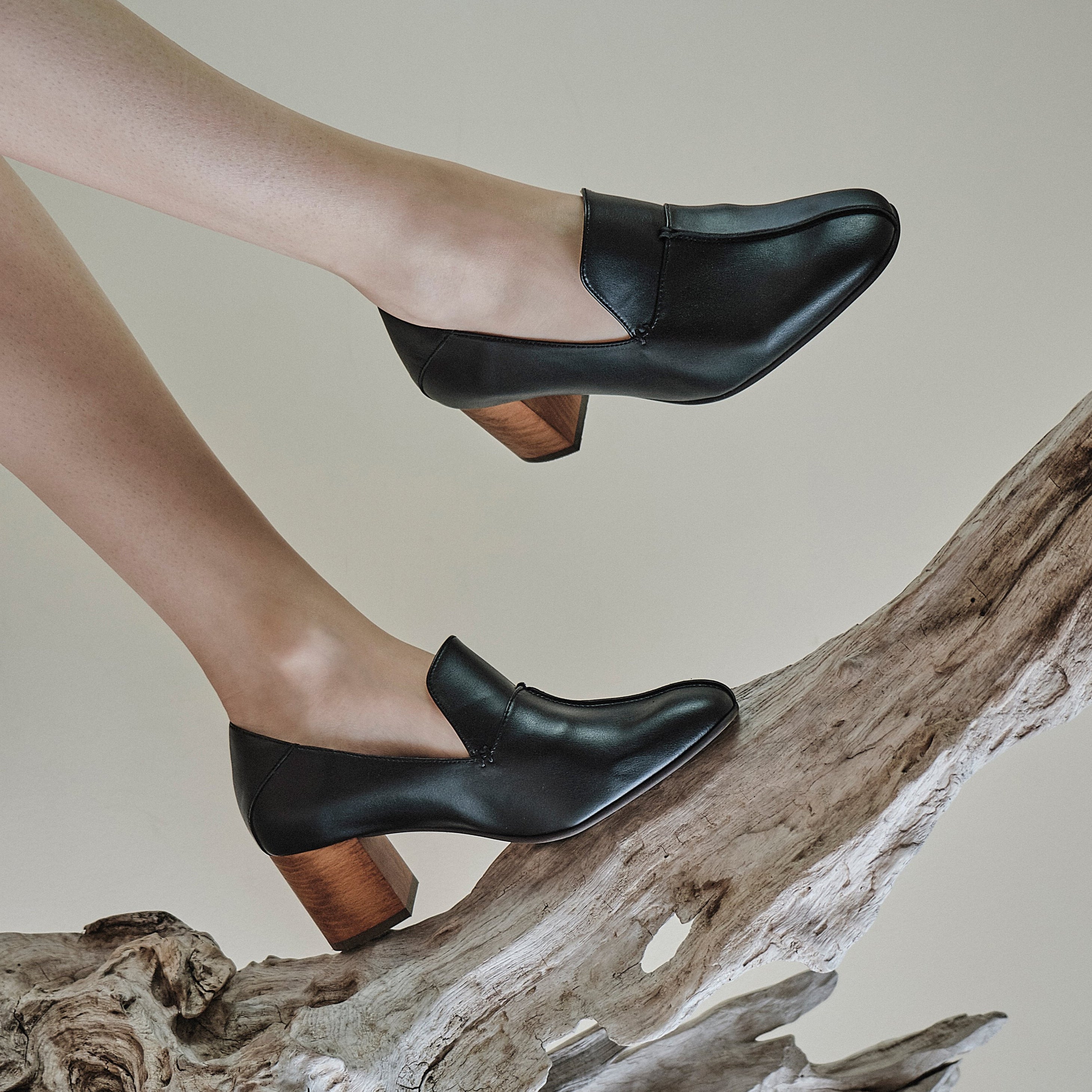 BHAVA PHOEBE VEGAN COMFORT LOAFER ARTISAN WOOD HEEL BLACK