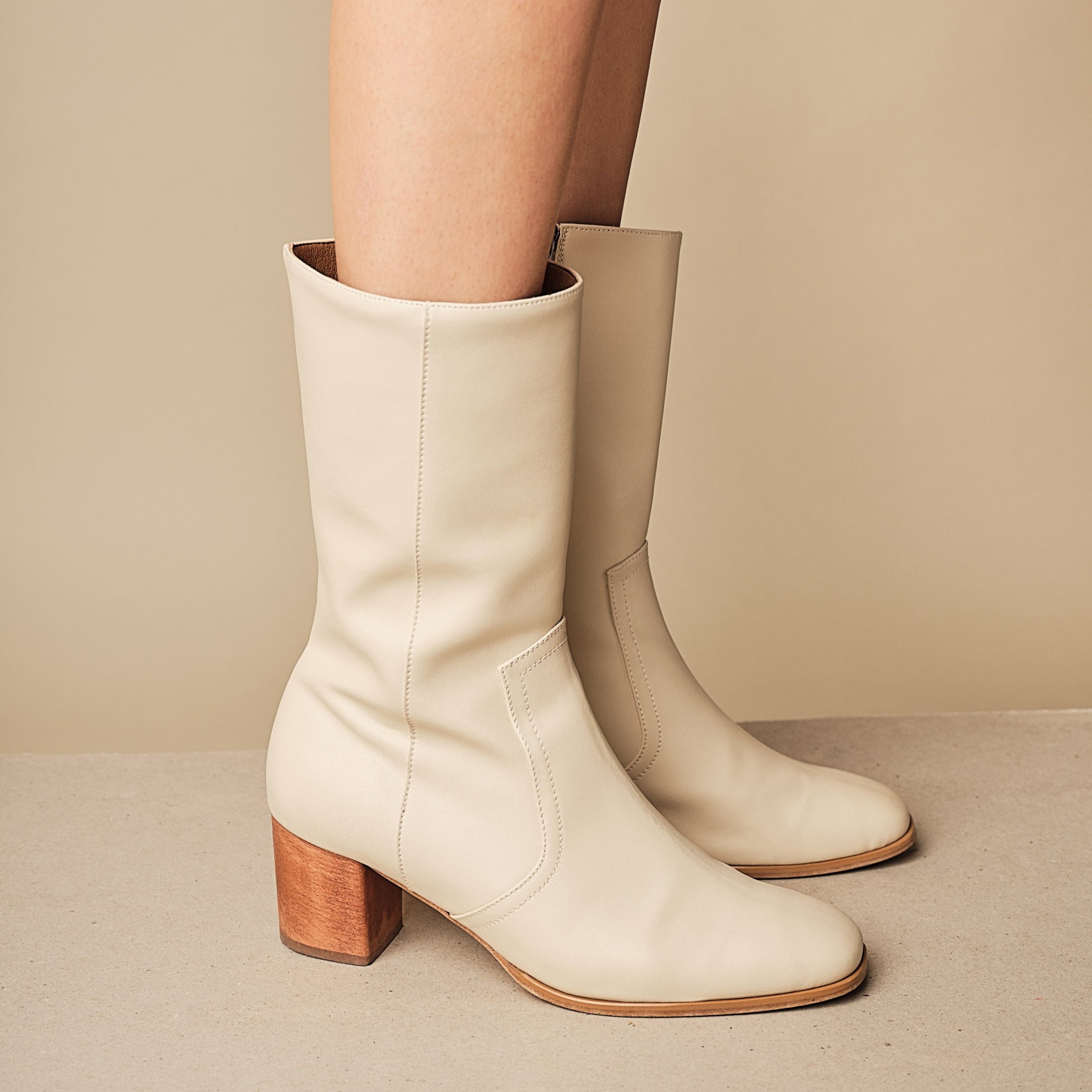 BHAVA LAUREN VEGAN CLASSIC BOOT BEST FALL IVORY MIDI COWBOY BOOTIE