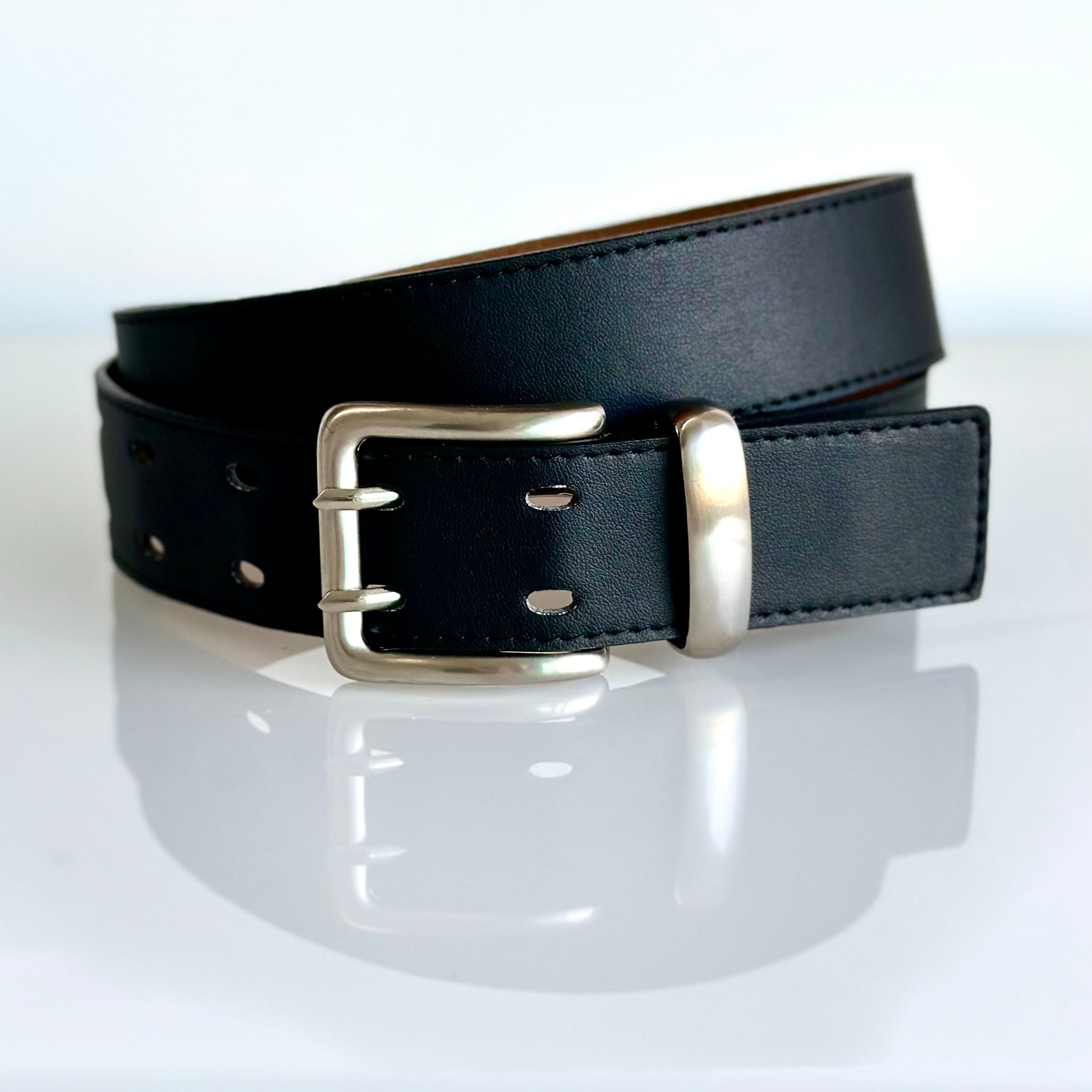 BHAVA VEGAN DOUBLE PRONG JEAN BELT IN BLACK 1 1/2" ARTISAN SUSTAINABLE APPLE LEATHER BLACK