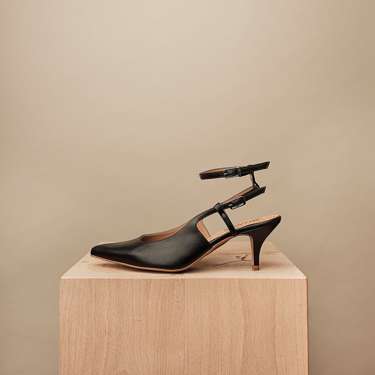 BHAVA VEGAN KITTEN HEEL WITH DETACHABLE ANKLE STRAP BLACK