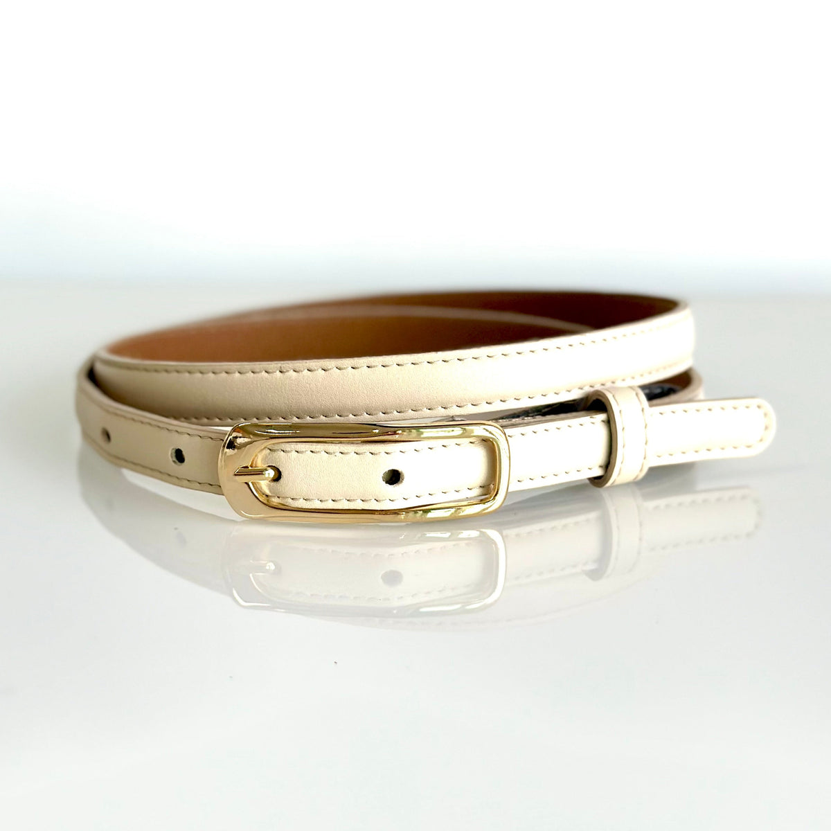 Luxe Vegan Leather Gold Tone Buckle Skinny Belt Set TRIWORKS 2 Pack Women Skinny Leather Belts for Jeans Pants  main image 4