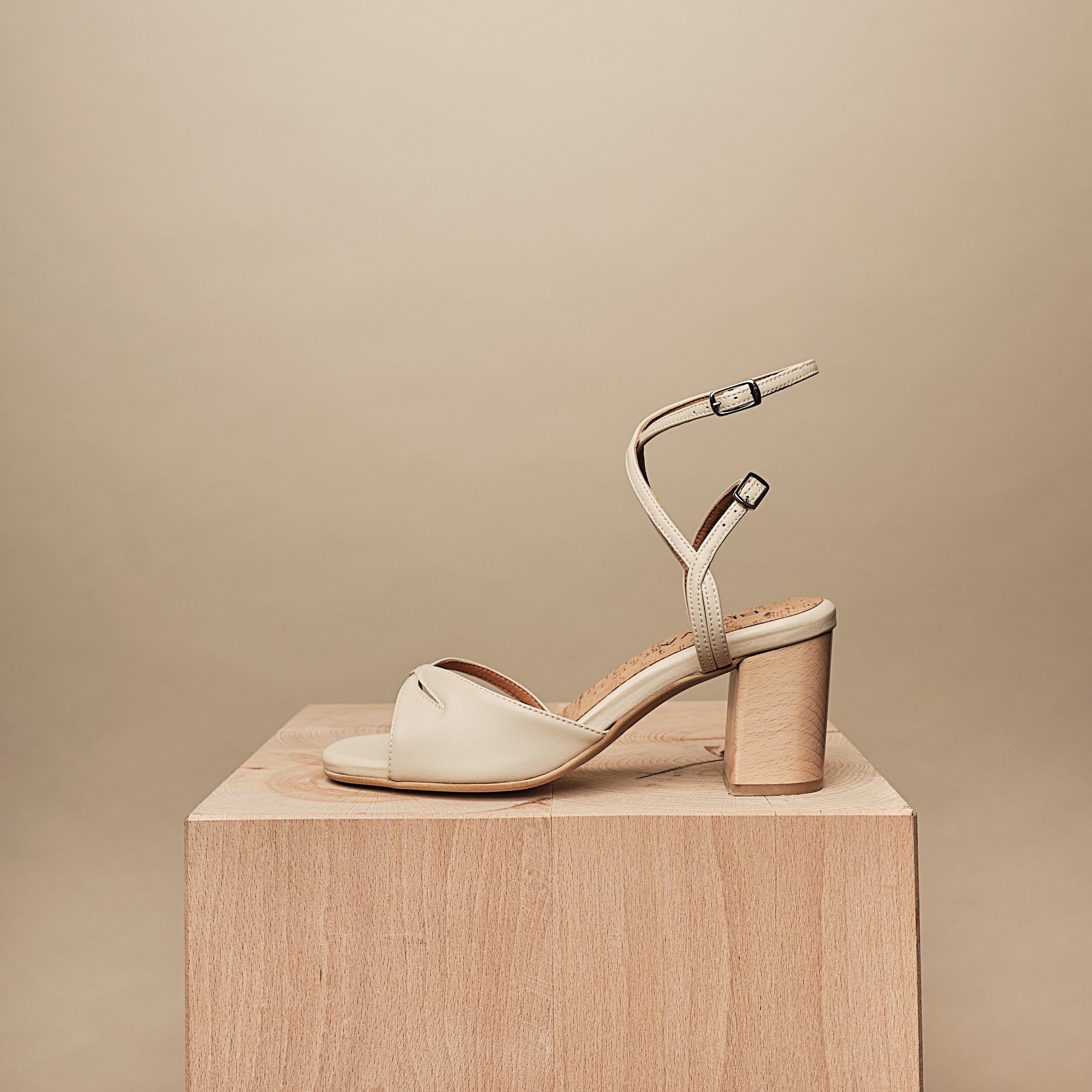Bhava Amber vegan taupe gold strappy block heel sandal