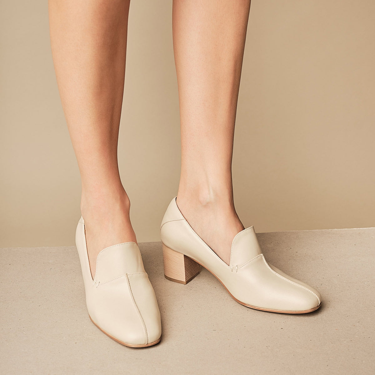 BHAVA PHOEBE VEGAN COMFORT LOAFER ARTISAN WOOD HEEL IVORY